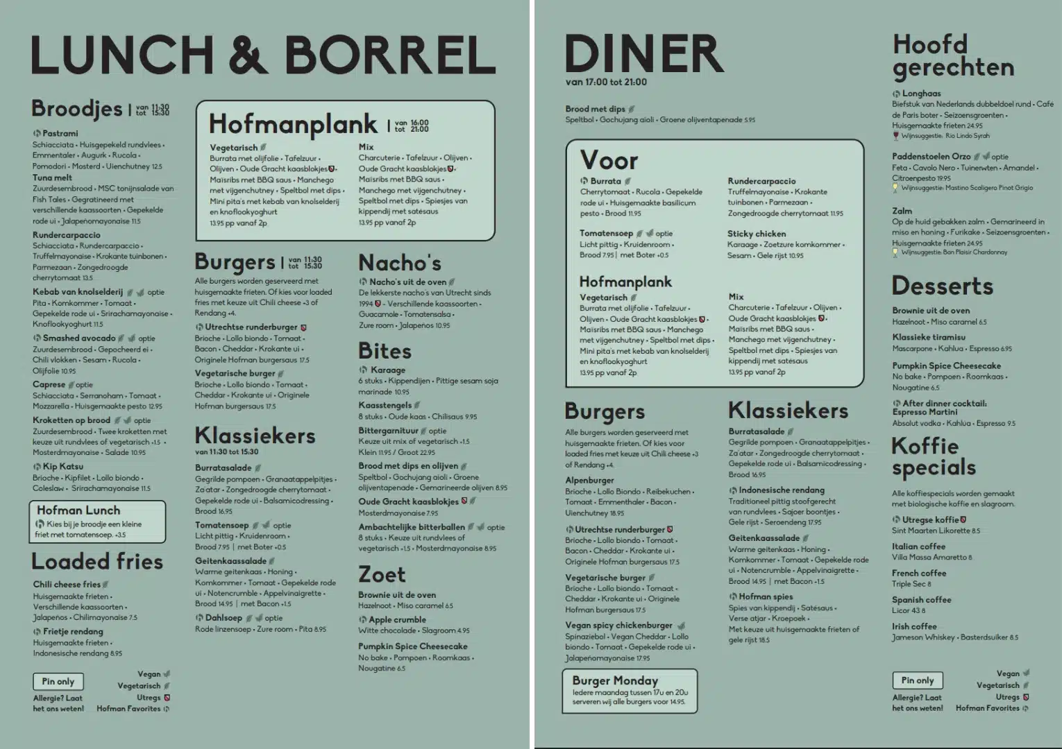 Menukaart Lunch, Borrel En Diner - Hofman Utrecht